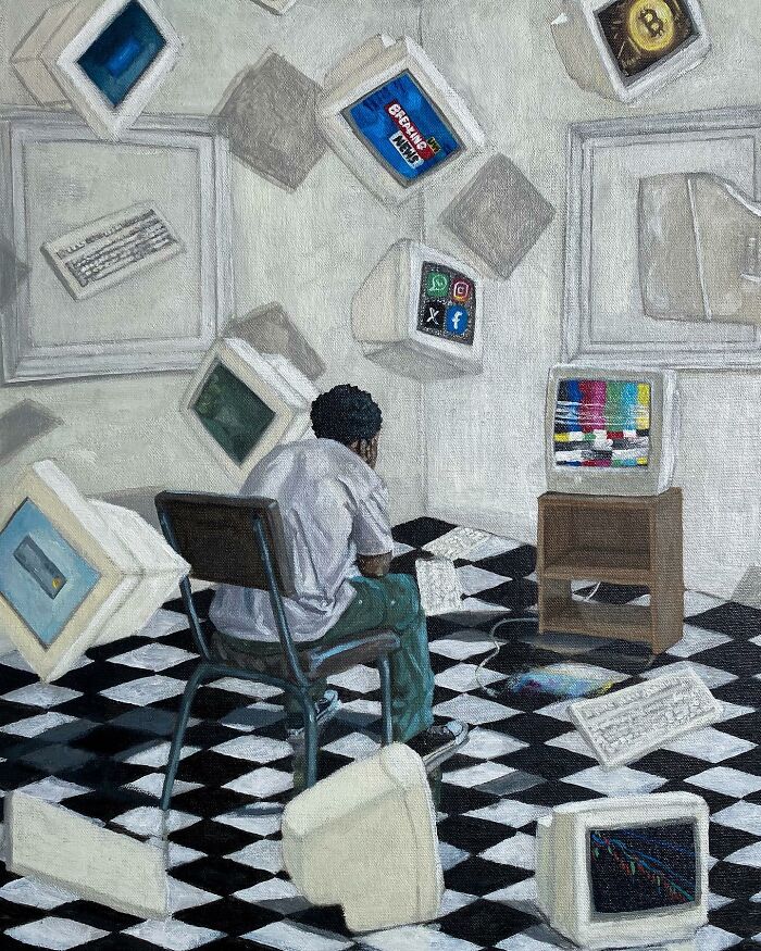 Person sitting on chair in a space filled with floating vintage computer monitors showing colors and social media icons.