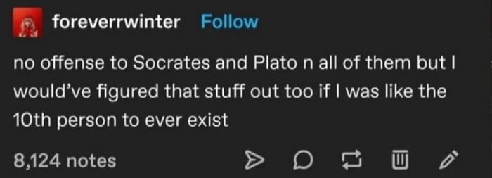 Screenshot of a chaotic meme text post humorously mentioning Socrates, Plato, and the 10th person to ever exist.