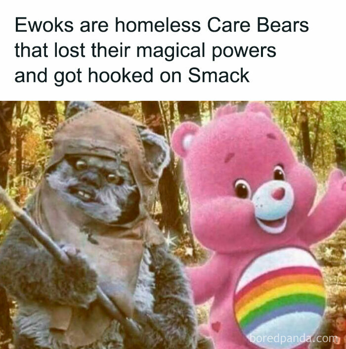 Image of an Ewok and a pink Care Bear with humorous text, from a popular '80s nostalgia Instagram account.