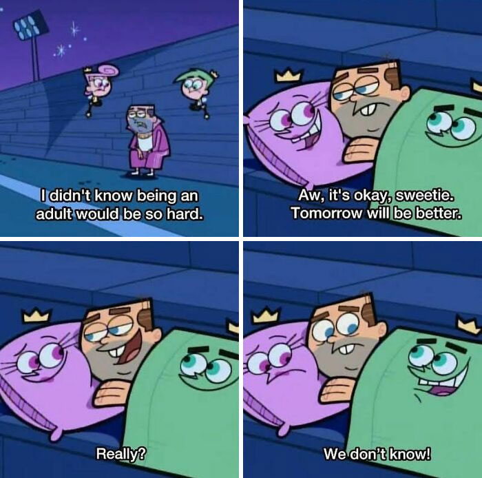 Four-panel nostalgic cartoon meme showing characters humorously discussing the struggles of adult life and uncertain future.