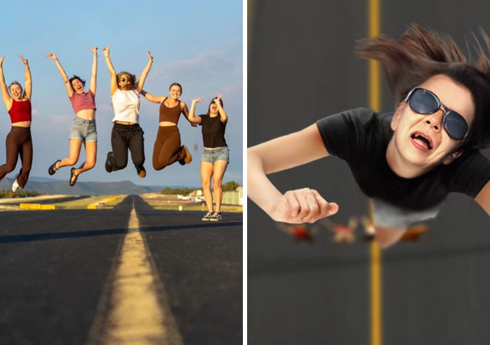 Group of friends jumping on a road and a humorous Photoshop edit showing a woman falling with exaggerated motion effects.