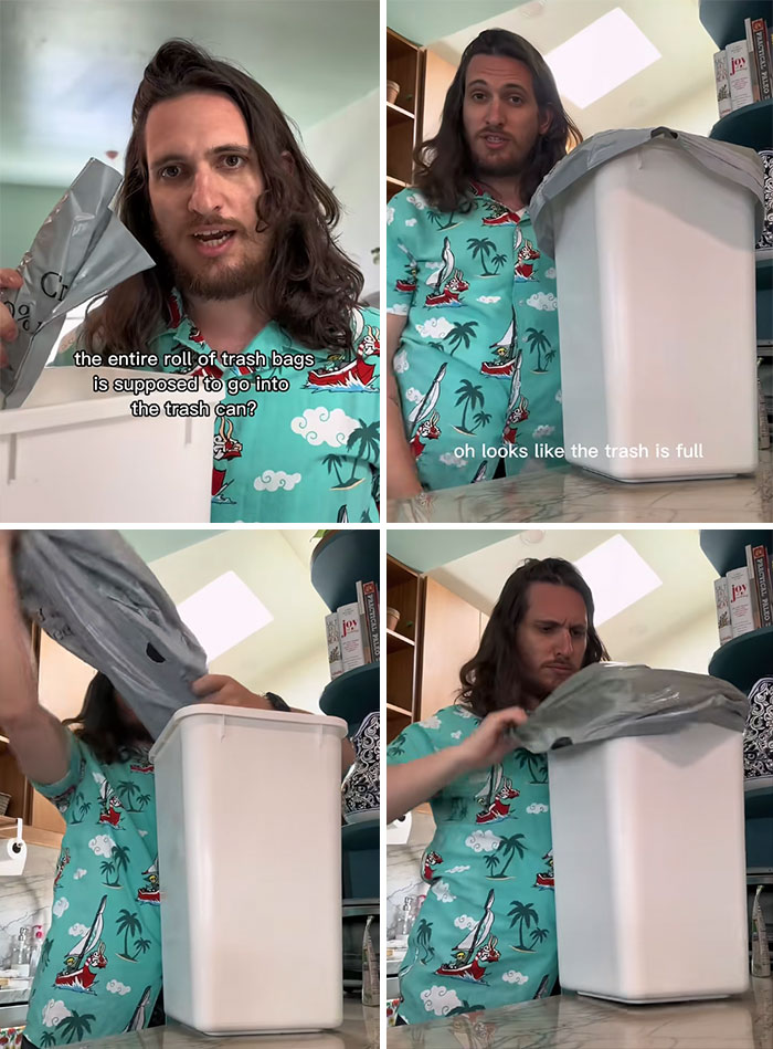 Man demonstrates proper use of trash bags with a trash can, sharing tips people may want to know in their 30s.