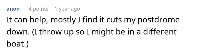 Screenshot of an online comment discussing how French fries and Diet Coke may help treat migraine postdrome symptoms.