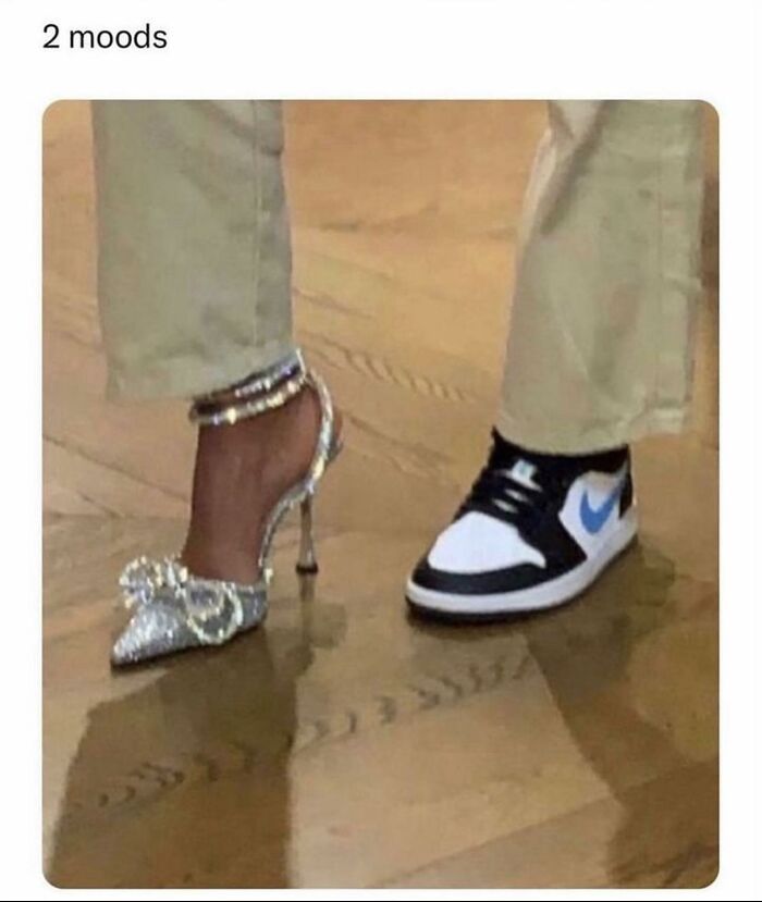 Different footwear styles showing cute and wholesome fashion moods with a sparkly high heel and a casual sneaker.