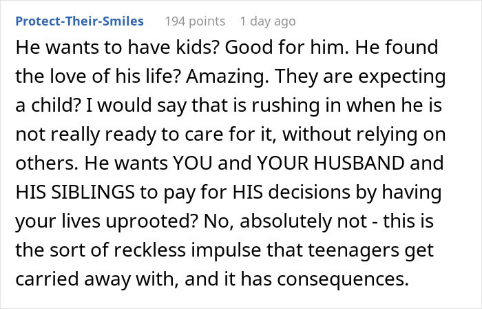 Comment discussing consequences of a teen son getting girlfriend pregnant on purpose and family impact.