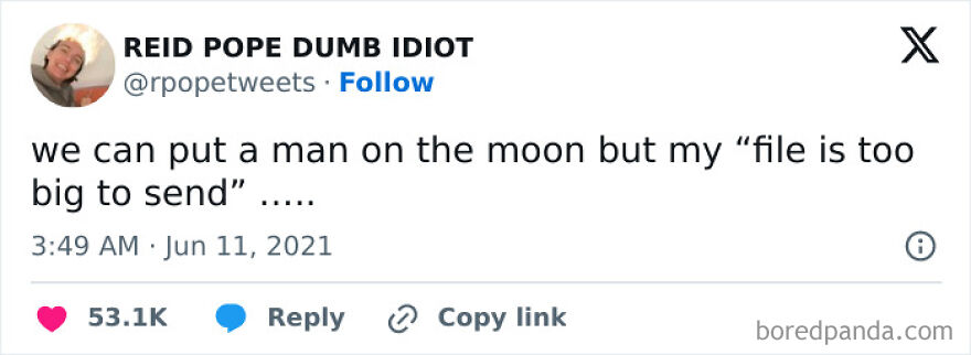 Funny meme tweet about technology frustrations showing a file too big to send, highlighting inconvenience and meltdown moments.