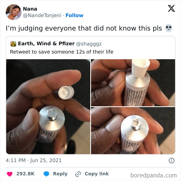 Hand holding a tube with removable cap that saves time shown in a mocking posts jokes memes style image.