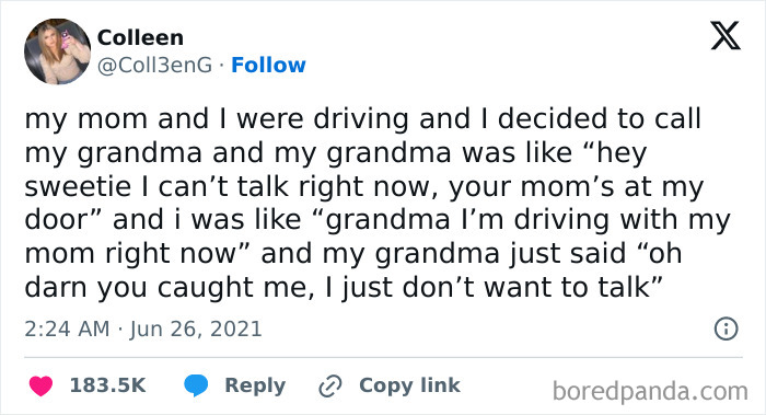 Funny meme text about a grandma avoiding a phone call, part of random memes that might make you laugh.