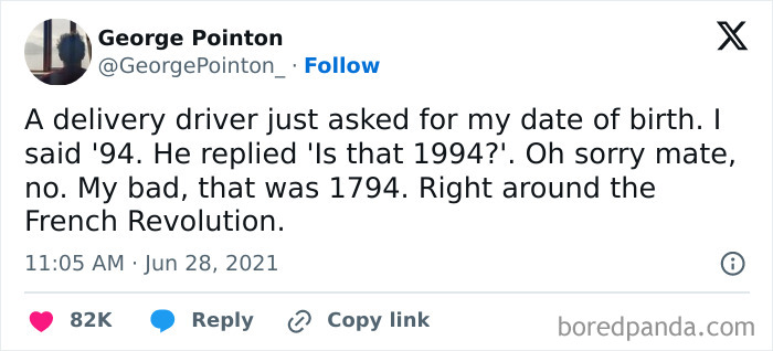 Tweet showing a funny exchange about a date of birth, part of hilariously random posts to brighten your day.