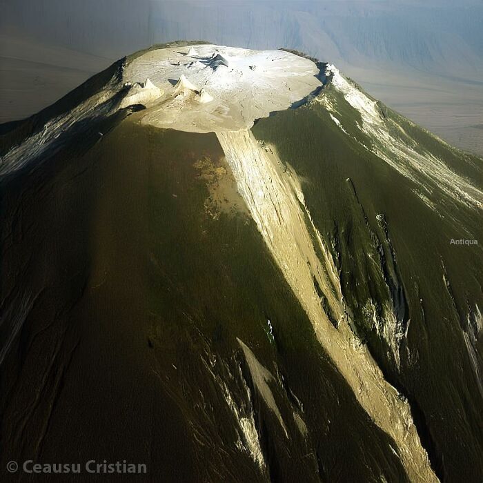 Aerial view of an ancient volcano showcasing geological formations related to ancient history and natural landmarks.