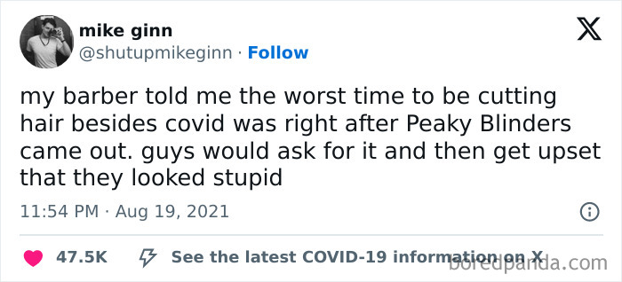 Tweet about haircut regrets after Peaky Blinders aired, featured in Great British memes for UK viewers.