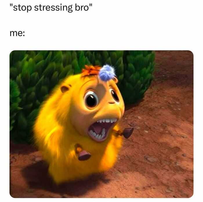 Animated yellow furry creature with wide eyes and open mouth expressing surprise or stress in a funny pic.