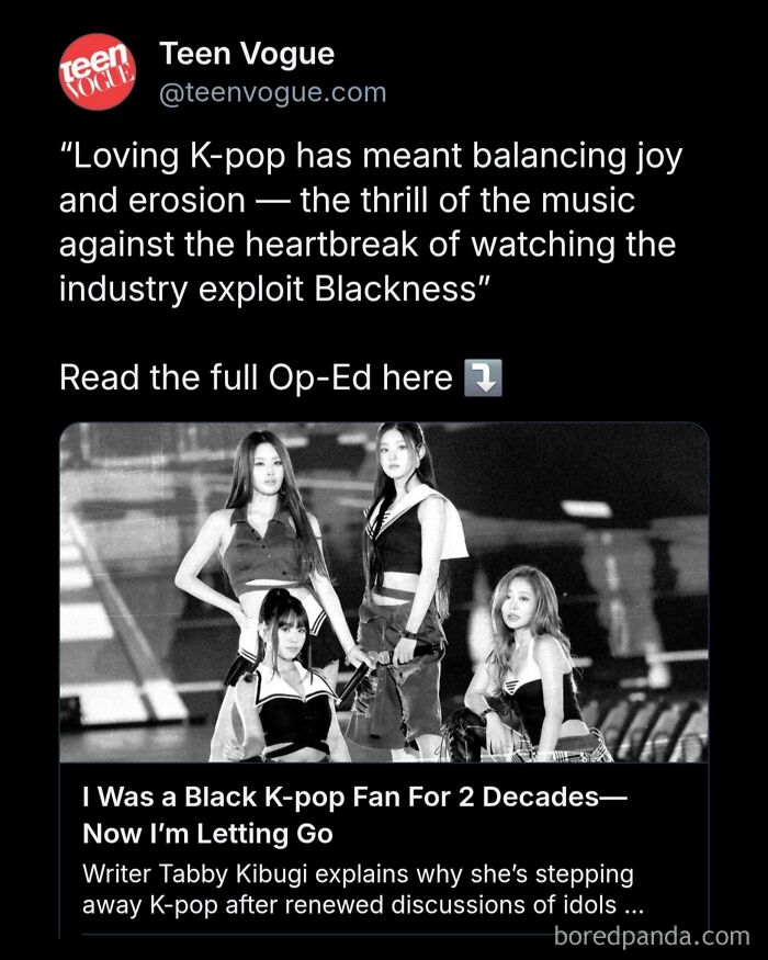 Tweet about K-pop fandom and industry exploitation highlighting a controversial hot take shared publicly.