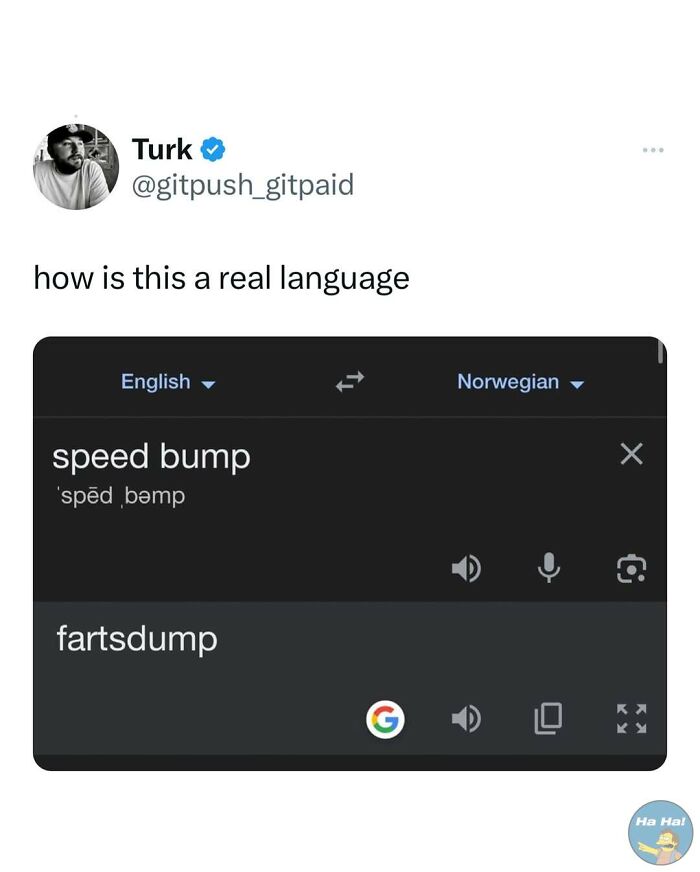 Tweet showing Google Translate converting speed bump from English to Norwegian as fartsdump, highlighting mocking posts jokes memes.