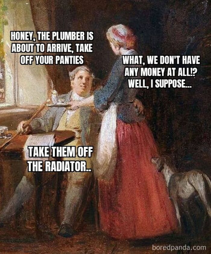 Classical art meme showing a humorous conversation between a man and woman in period clothing with a dog nearby.