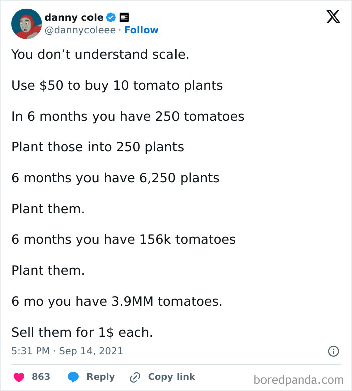 Tweet explaining exponential growth in tomato plants and harvest, highlighting a brain-giving-up moment from the bacteria don’t exist series.