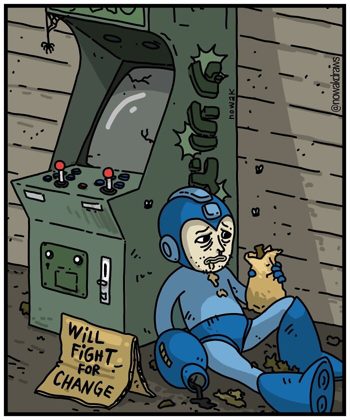 Comic illustration of a sad robot character sitting by a broken arcade game with a sign saying will fight for change.
