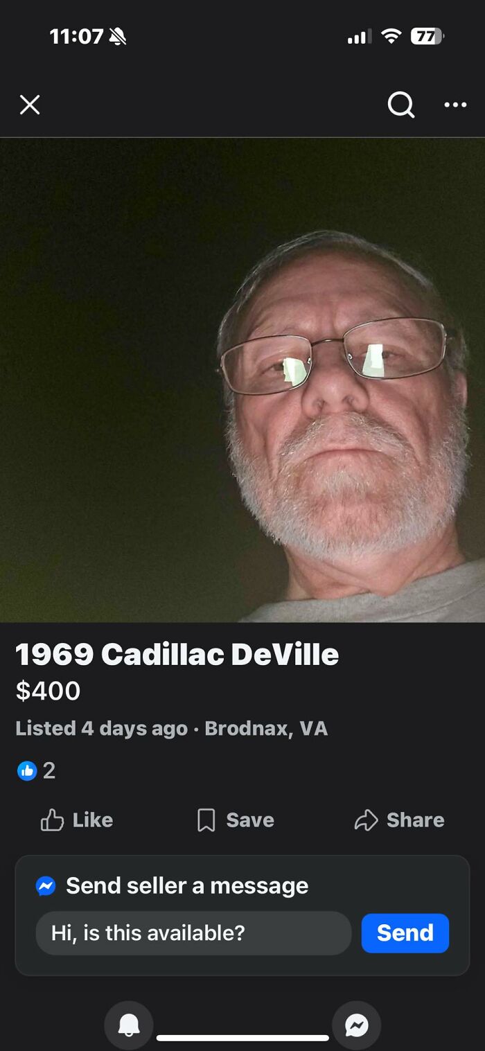 Older man with glasses listing a 1969 Cadillac DeVille for sale on Facebook Marketplace in Brodnax, VA.