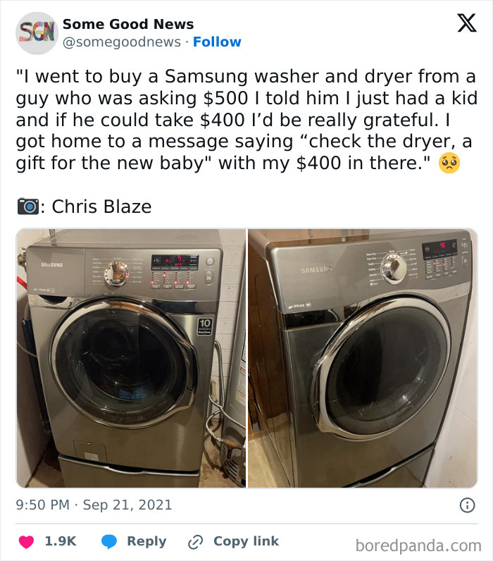 Screenshot of a social media post sharing an outrageous lie about finding money hidden in a Samsung washer dryer.