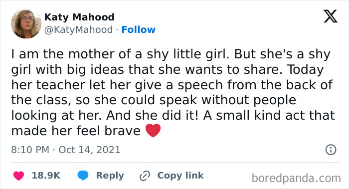Tweet from a mother praising a teacher’s supportive act that helped her shy student feel brave and confident.