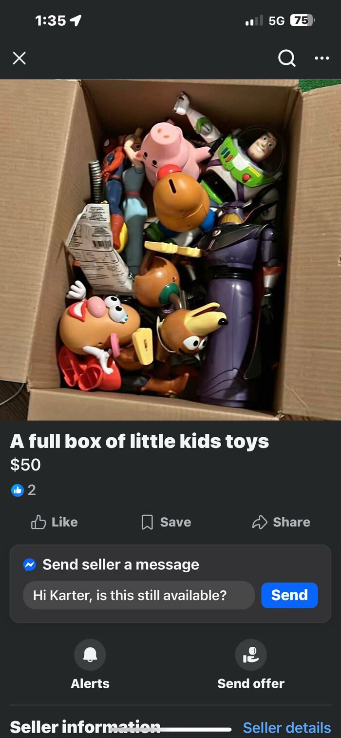 Box of wildest things people found for sale on Facebook Marketplace including vintage kids toys and collectibles.