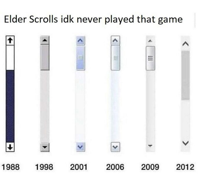 Different styles of scroll bars from 1988 to 2012, humorously captioned as Elder Scrolls, chaotic memes about technology evolution.