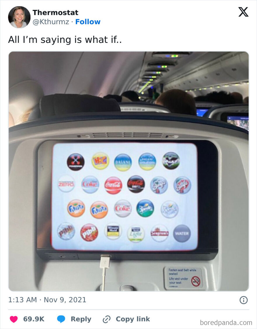 Airplane seat screen showing multiple soft drink options, capturing a funny moment for those near a full meltdown.