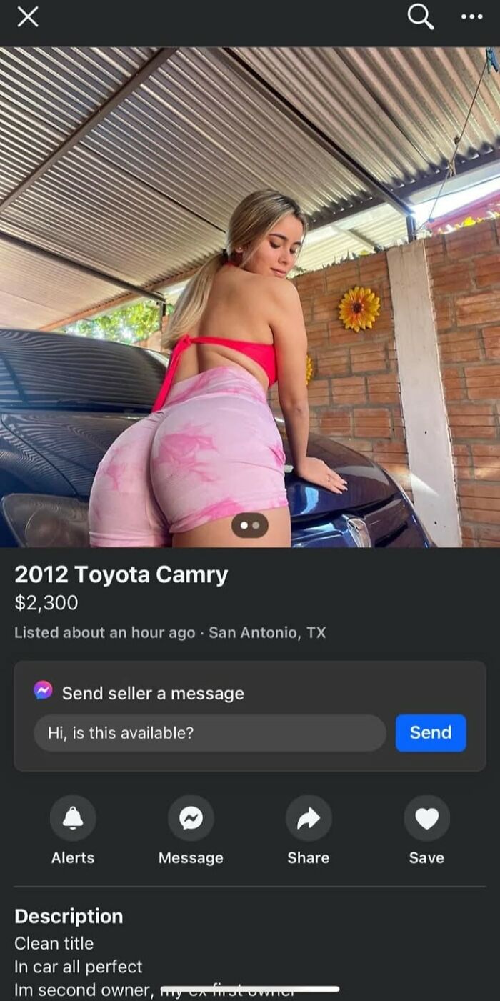 Woman in pink shorts posing on a black 2012 Toyota Camry for sale on Facebook Marketplace in San Antonio, Texas.