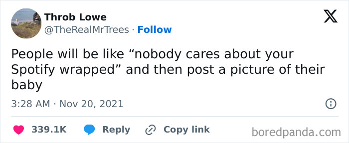Tweet about people sharing Spotify wrapped but then posting pictures of their baby, part of hilariously random posts to brighten your day.