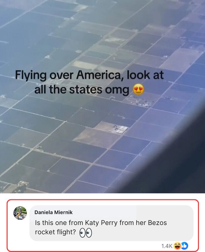 A funny random meme showing a view from an airplane window with a humorous comment about flying over America.