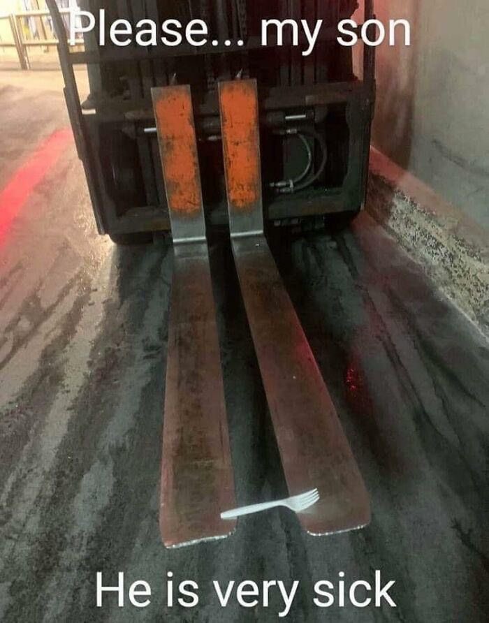 Fork stuck on forklift prongs, humorously captioned to reflect chaotic memes for when life gets boring.