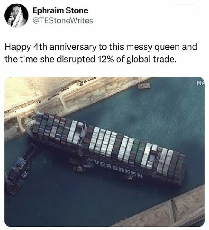 British comedy tweet about the Ever Given ship blocking global trade, showcasing British people as top comedians.