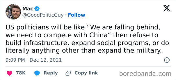 Tweet from user Mac criticizing US politicians for focusing on military expansion over infrastructure and social programs, capitalism critique.