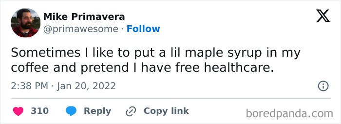 Tweet by Mike Primavera humorously mentioning maple syrup in coffee to brighten your day with hilariously random posts.