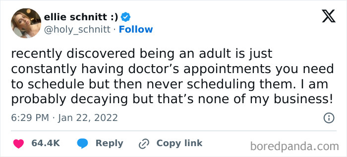 Tweet about the relatable humor of adult life and doctor’s appointments, featured in random funny posts.