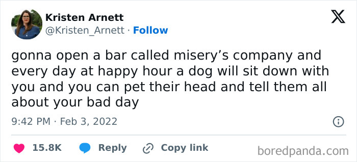 Tweet about opening a bar where dogs offer comfort during happy hour, capturing the warmth of dog memes that inspire hugs for your pupper.