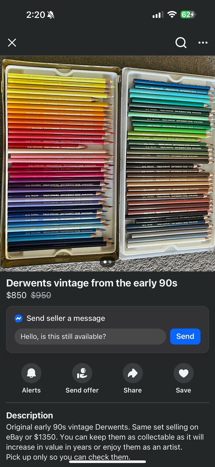 Vintage Derwents colored pencils from the early 90s laid out in cases for sale on Facebook Marketplace.