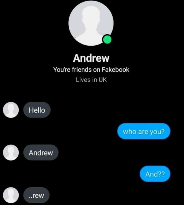 Screenshot of a chaotic meme showing a confusing chat exchange using the name Andrew for chaotic memes when life gets boring.