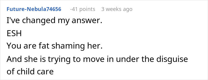 Screenshot of a discussion comment about a woman fat shaming her obese mom over babysitting concerns.