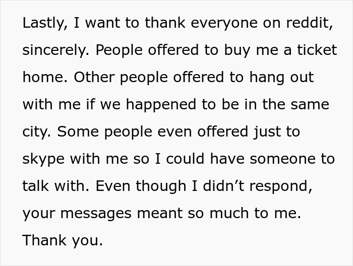 Text message expressing gratitude to Reddit users for support after ex-fiance Valentine Day apartment situation.