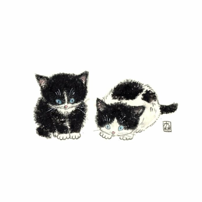 Two adorable black and white kittens with blue eyes in cute artwork for cat lovers by Korean artist.