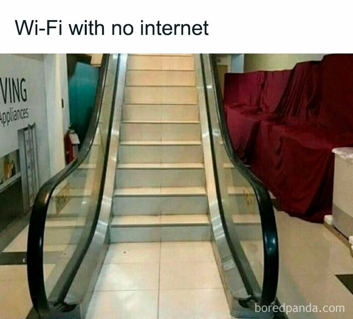 Escalator designed as stairs with text Wi-Fi with no internet, featured on a hilarious memes Facebook page.