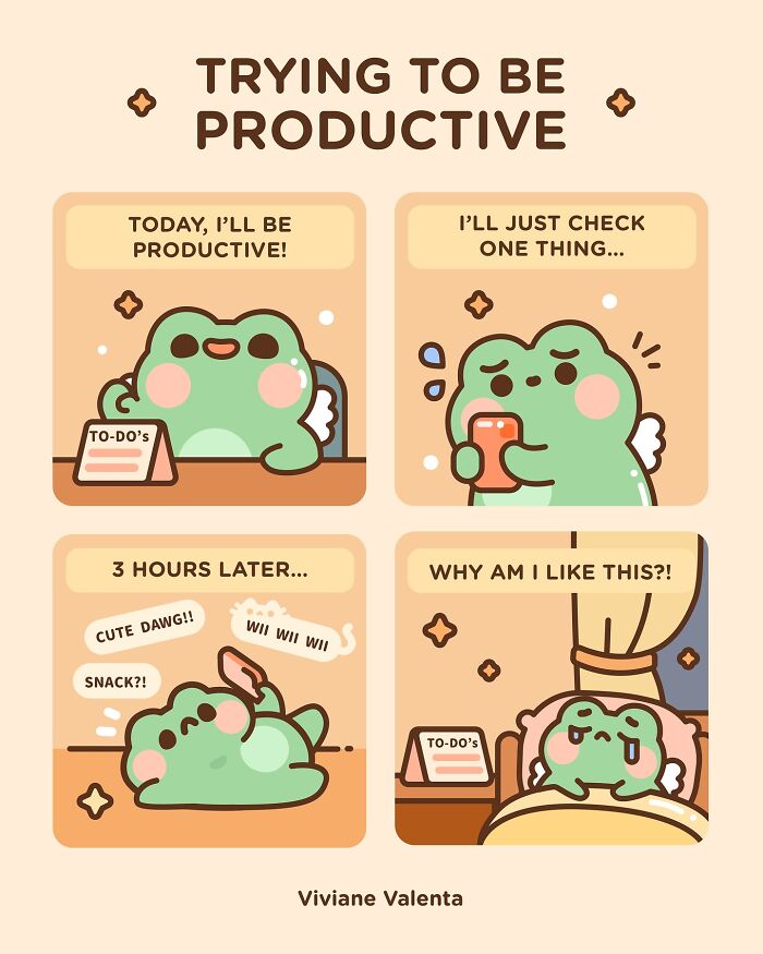Cute frog illustrations showing procrastination and productivity struggles in relatable food puns style by Viviane Valenta.