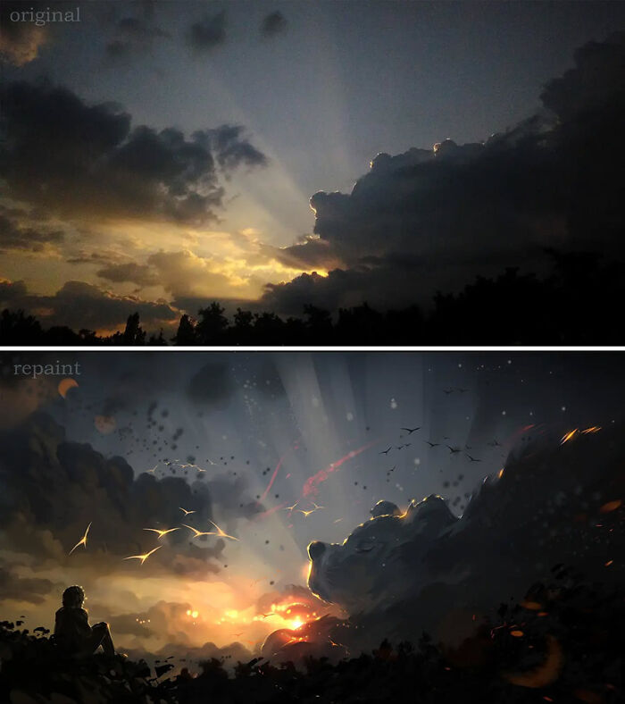 Original photo of sunset sky transformed into a fantastical world by artist repainting photos with imaginative details.