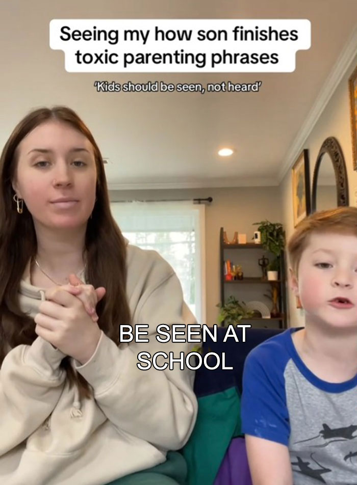 Mother and young son discussing toxic parenting phrases as children complete responses in a home setting.