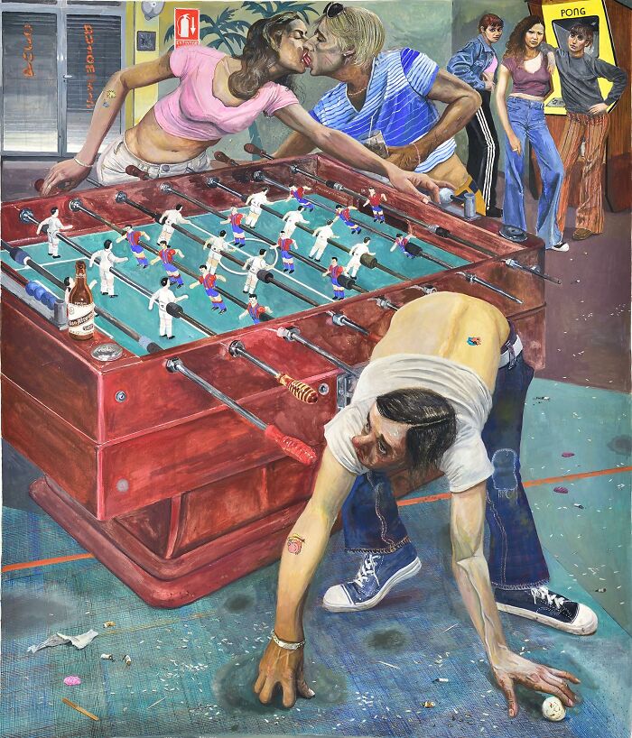 Humorous art illustrating social tensions with a foosball game, people kissing, and playful interactions around a crowded table.