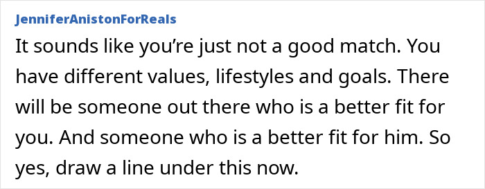 Text message from JenniferAnistonForReals advising on mismatched values and considering ending a relationship over bad habits and growing up.