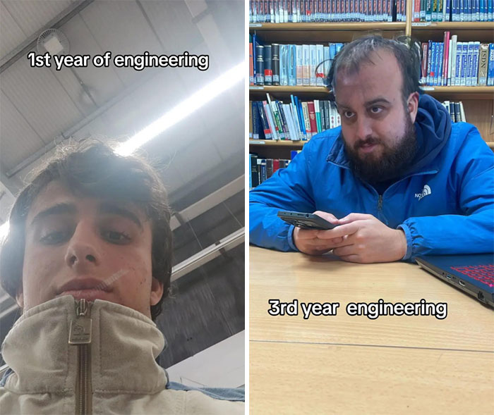 Before and after photos of an engineering student from 1st year to 3rd year, showing the struggles of engineering students.