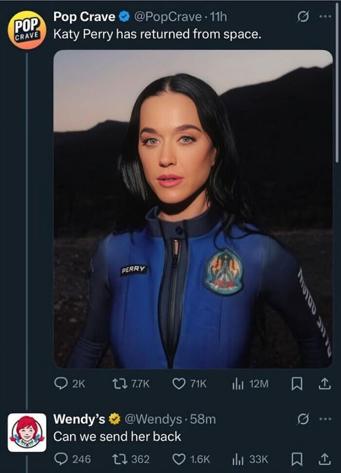 Tweet showing Katy Perry in a space suit with Twitter replies creating memes balancing on the brink of being offensive.