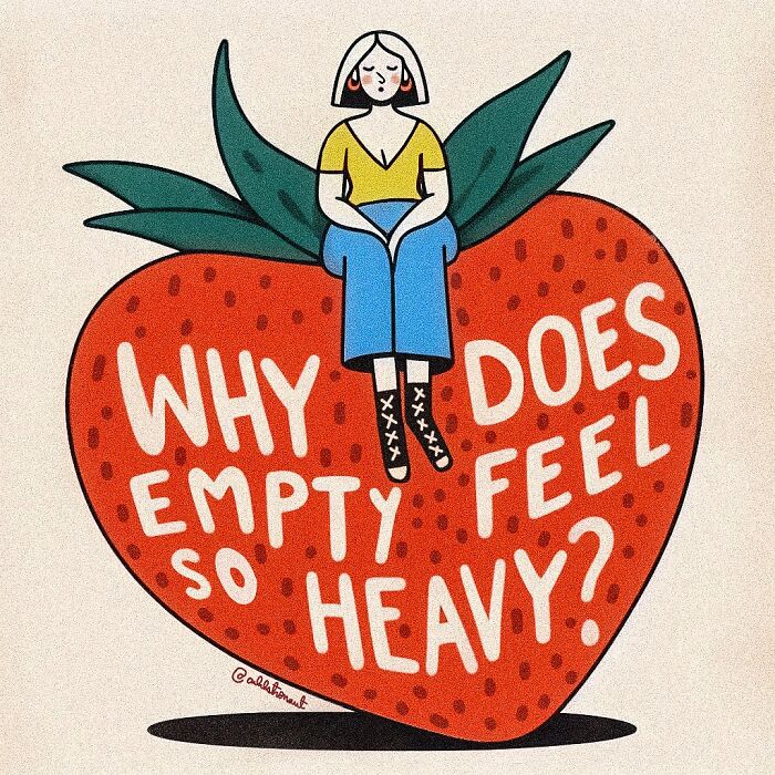 Illustration in art therapy style showing a person sitting on a strawberry with vulnerable thoughts about feeling empty and heavy.